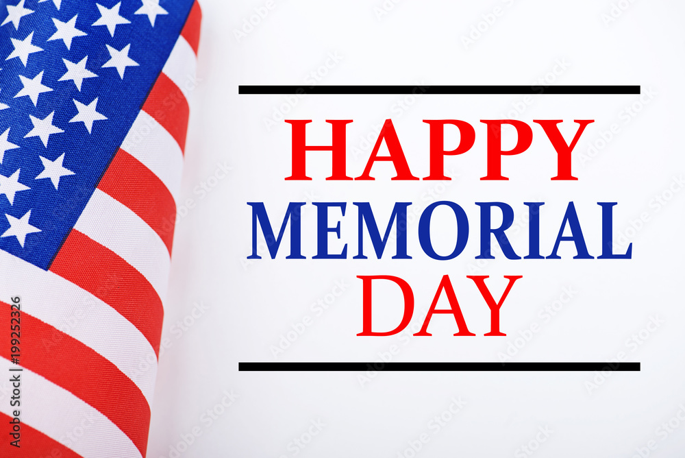 Fototapeta premium Background of United States flag on white background next to text about memorial day celebration.