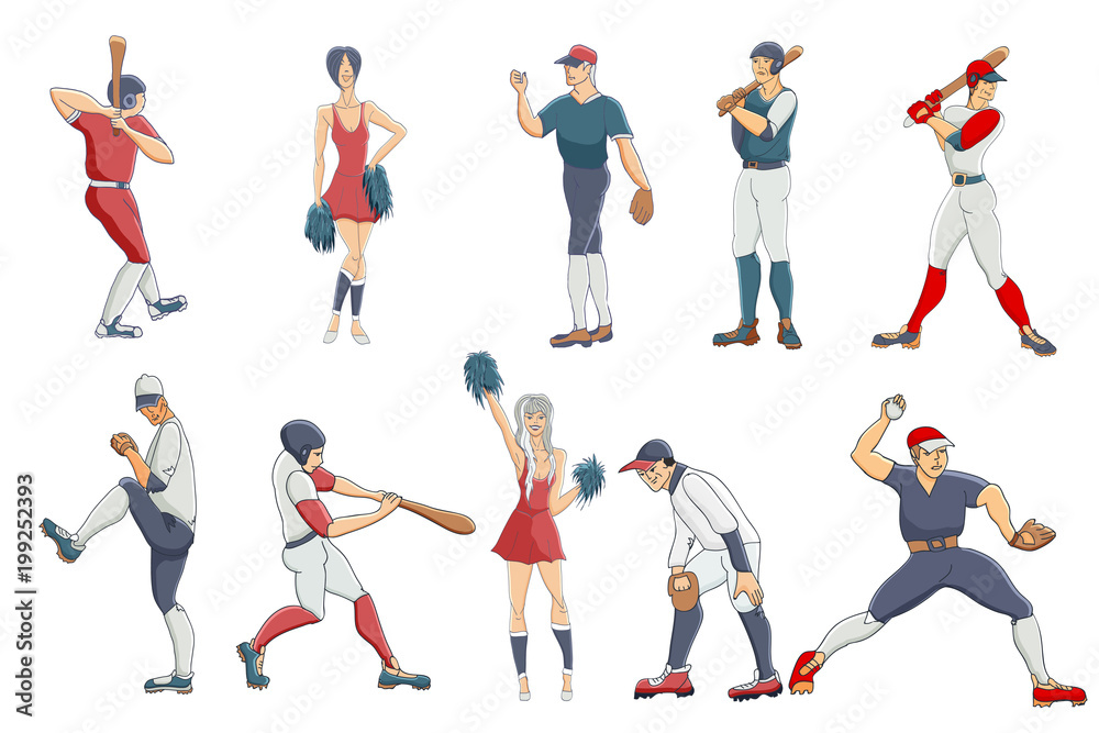 Vector hand drawn set of a baseball players and cheerleaders. Cute cartoon characters.  