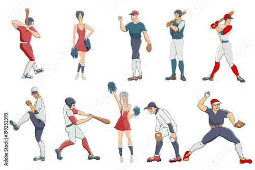 Vector hand drawn set of a baseball players and cheerleaders. Cute cartoon characters.  