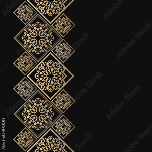 Golden frame in oriental style. Seamless border for design. Eastern background. Islamic card with place for text.