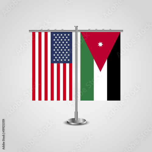 Table stand with flags of USA and Jordan.Two flag vector. flag pole.Symbolizing the cooperation between the two countries.Vector table flags