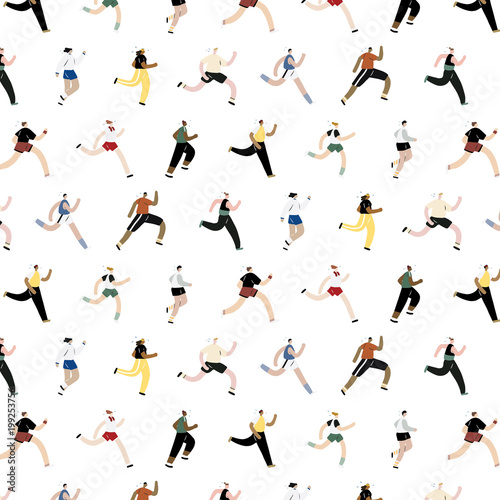 Hand drawn vector illustration of running and jogging people pattern.