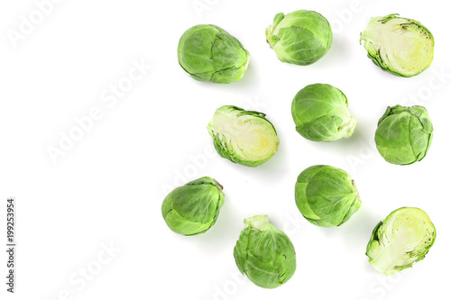 Brussels sprouts isolated on white background with copy space for your text. Top view. Flat lay