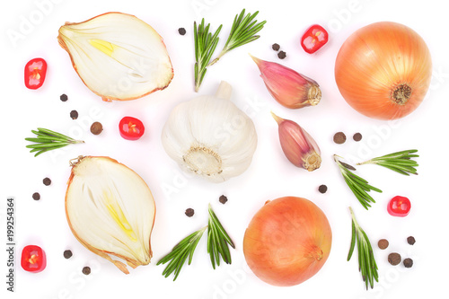 onions with rosemary, garlic and peppercorns isolated on a white background. Top view. Flat lay