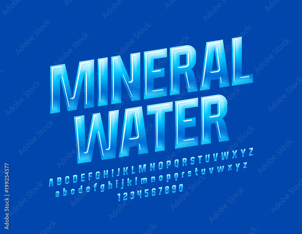 Vector rotated glossy sign Mineral Water. Blue gradient Font. Great for Emblem Alphabet Letters, Numbers and Symbols