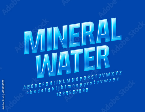 Vector rotated glossy sign Mineral Water. Blue gradient Font. Great for Emblem Alphabet Letters, Numbers and Symbols
