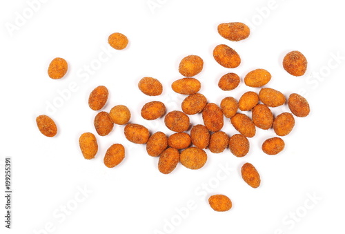 Spicy hot peanuts pile isolated on white background, top view