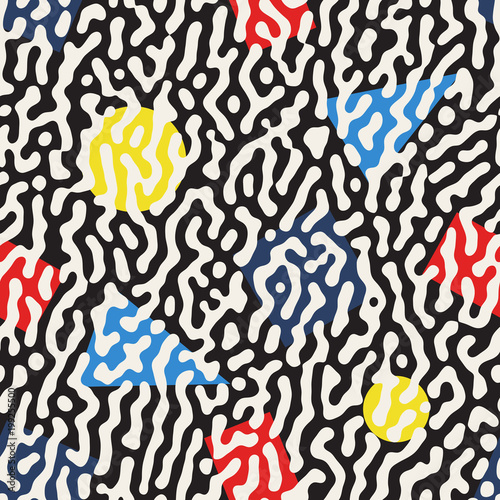 Vector Seamless Retro Fashion Style Jumble Color Shapes Pattern on White Abstract Background
