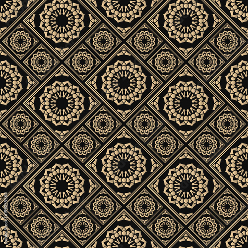 Islamic vector design. Seamless pattern oriental ornament. Black and golden textile print. Floral tiles.