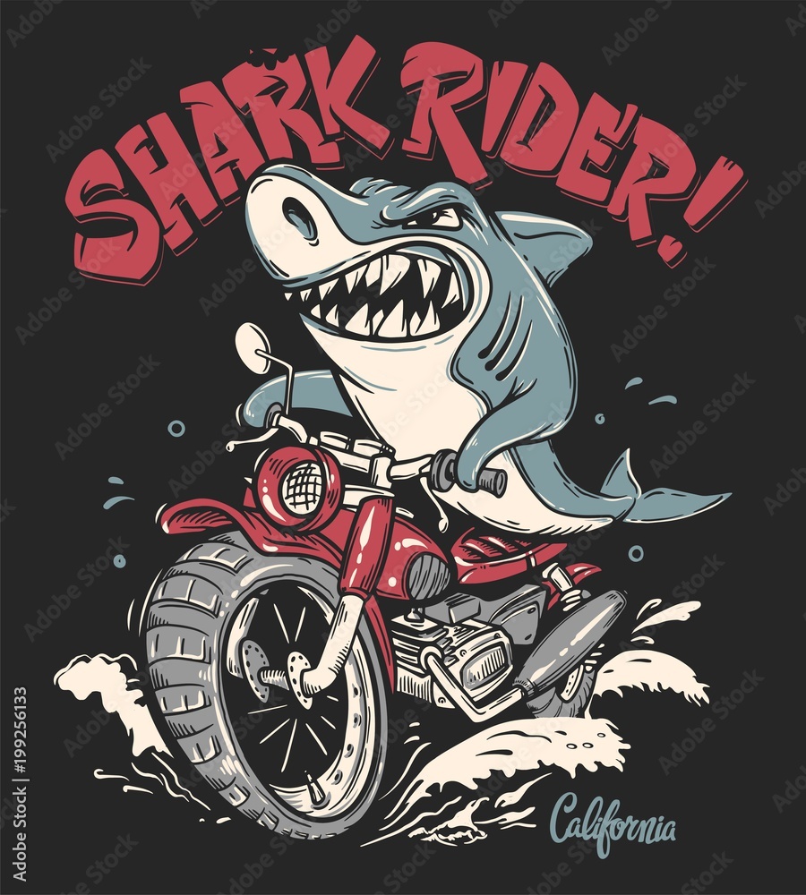 Naklejka premium Shark Rider on motorcycle vector T-Shirt design