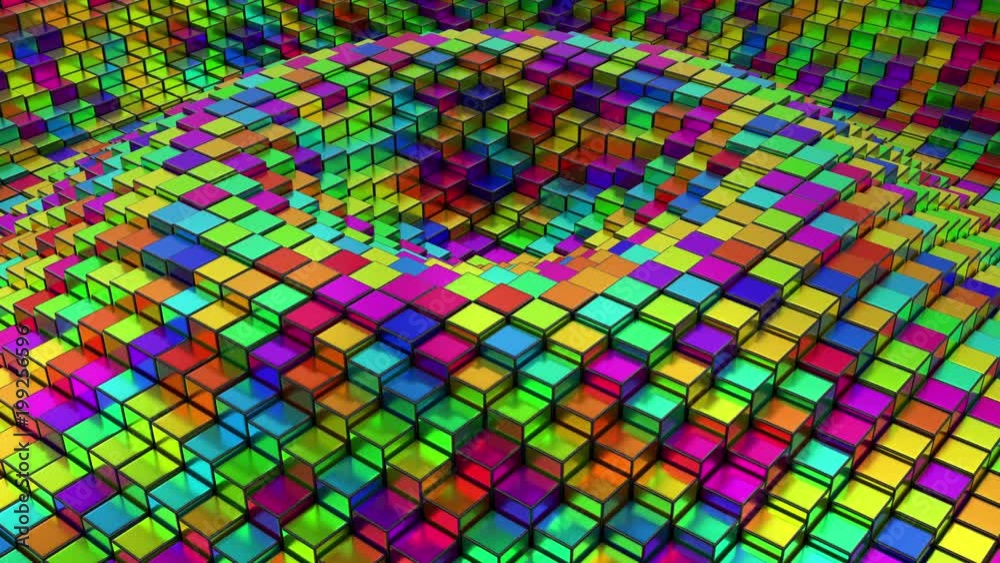 Colorful metallic shiny cubes moving up and down in ripples.
Loop ready animation of multi colored surface.