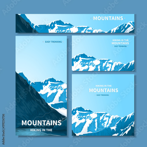 A set of banners, a site header, a business card with a view of the mountains. Rocky mestnost. Horizontal and vertical arrangement with soft shadows. Isolated on a blue background. vector  