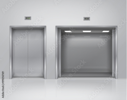 Open and closed big and small metal elevator doors. Realistic 3d vector interior design