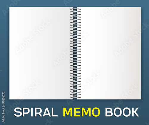 Spiral album-notepad. Horizontal An empty cover for pasting your images is a template. Lie down on the table, open.Spiral on the center.Isolated on blue background, vector illustration