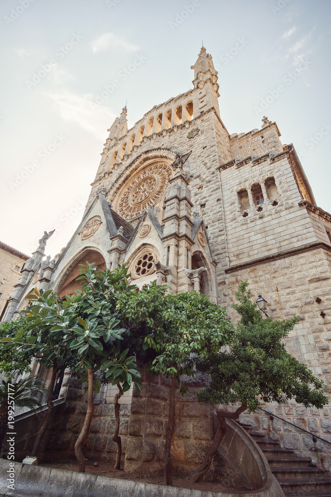 Sant Bartomeu Church gothic architecture style cathedral in Soller, Mallorca in morning light