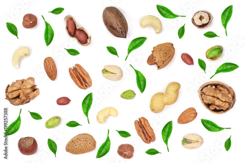 mix of different nuts decorated with green leaves isolated on white background, Flat lay pattern, Top view