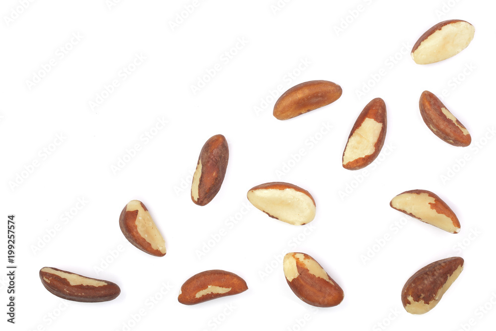 Brazil nuts isolated on white background closeup with copy space for your text. Top view. Flat lay Brazil nuts isolated on white background closeup with copy space for your text. Top view. Flat lay