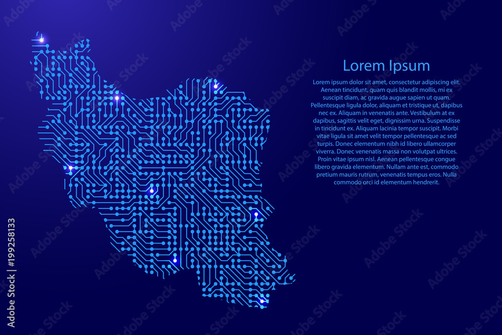 Map Iran from printed board, chip and radio component with blue star space on the contour for banner, poster, greeting card, of vector illustration.