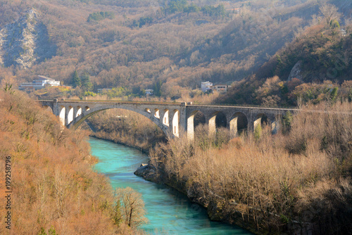 Historical Solkan bridge over Soca river, Nova Gorica, Slovenia, Europe. photo
