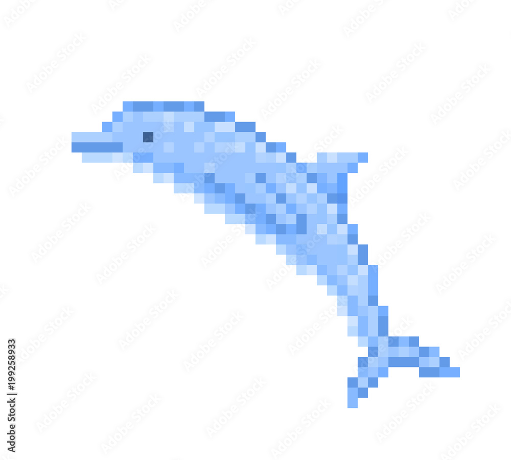 Happy blue jumping bottlenose dolphin, cartoon pixel art character isolated  on white background. Wildlife animal, aquatic mammal. Dolphinarium logo.  Water circus show emblem. Retro video game graphics Stock Vector | Adobe  Stock