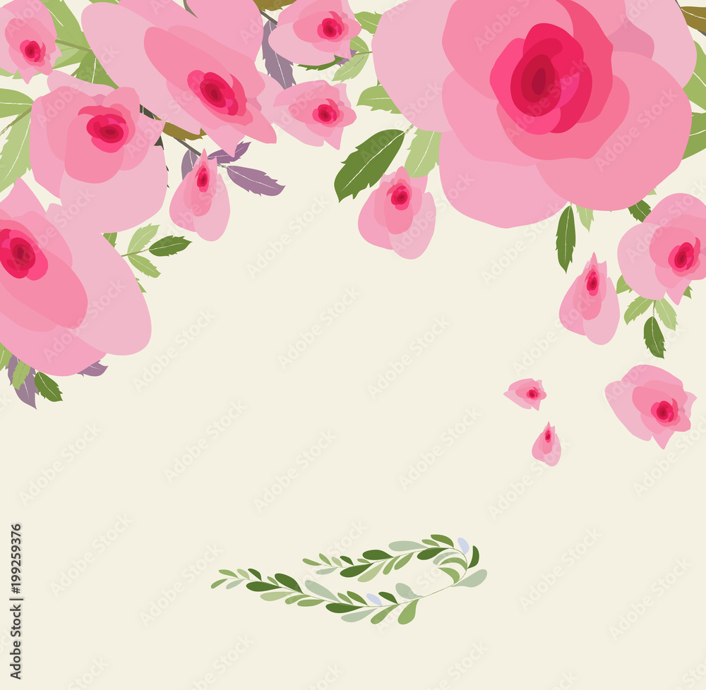 Greeting card flowers. Floral illustration with rose flowers in vintage style. Spring, summer