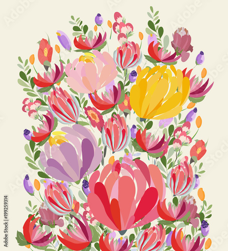 Greeting card flowers. Floral illustration with field flowers in vintage style. Spring, summer