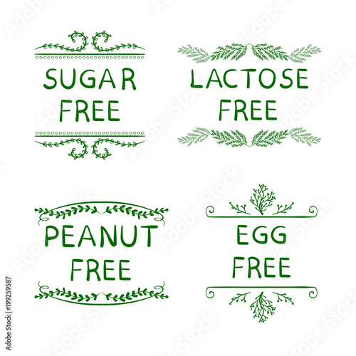 Hand Sketched VECTOR Icons for Packaging of Health Eat Products: Sugar, Peanut, Lactose, Egg FREE Production.