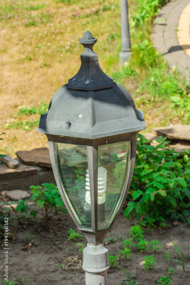 Street lamp in the green garden. on sunny day