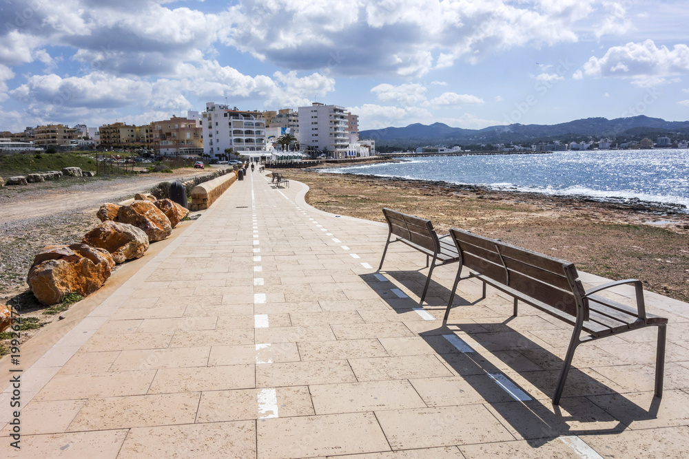 Promenade close to mediterranean sea, town of Sant Antoni, Ibiza island,Spain.