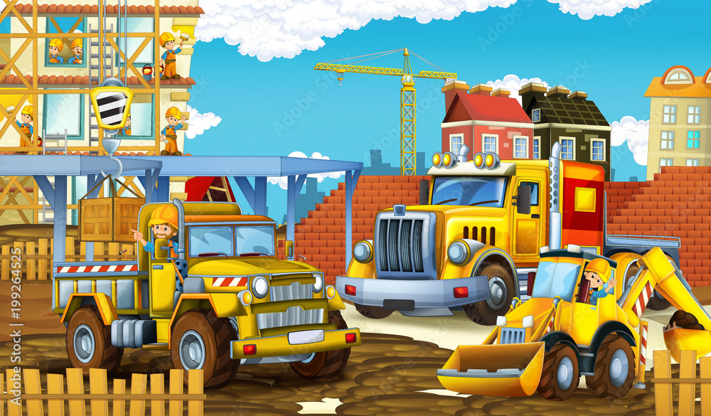 Plakat Scena kreskówki z zabawnych samochodów budowlanych - ilustracja dla dzieci
