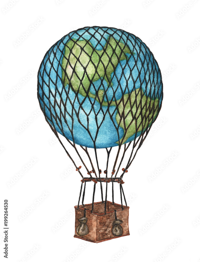 Naklejka premium Globe hot air balloon basket on white background, Watercolor illustration. 
