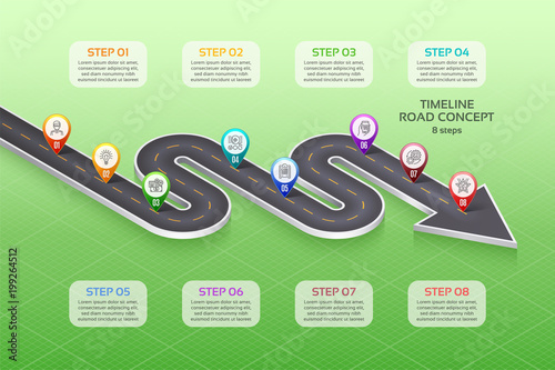 Isometric navigation map infographic 8 steps timeline concept. Winding road.