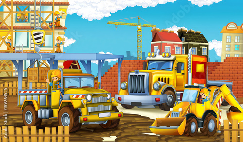 Plakat Scena kreskówki z zabawnych samochodów budowlanych - ilustracja dla dzieci