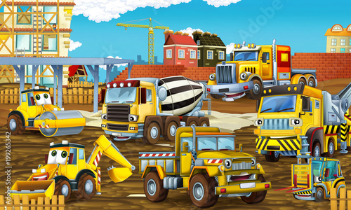 Fototapeta Scena kreskówki z różnych szczęśliwych pojazdów budowlanych - ilustracja dla dzieci