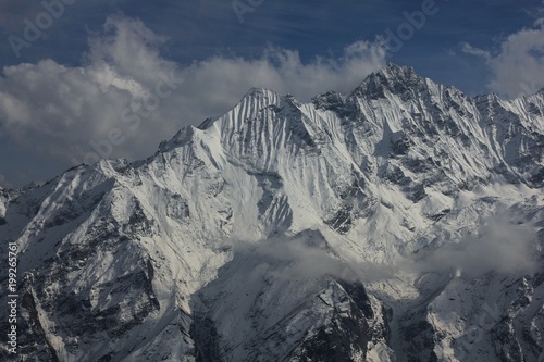 Peak of mount Ponggen Dopchu. View from Tserko Ri  Langtang valley  Nepal. Cloudy spring day.