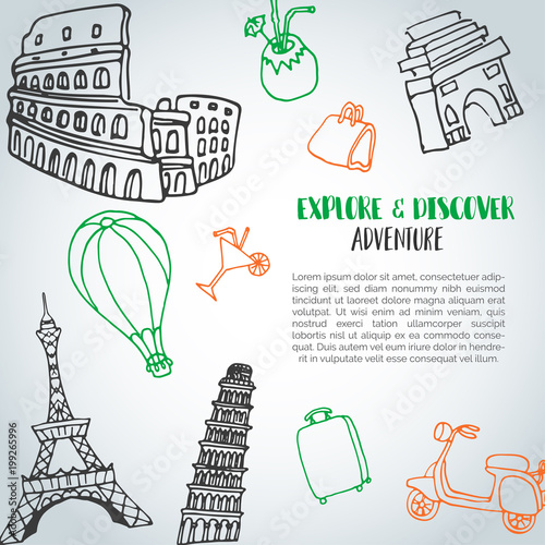 Hand drawn travel doodle background. Tourism and summer sketch with travelling elements: baggage, Eiffel Tower, beach cocktail, camp.