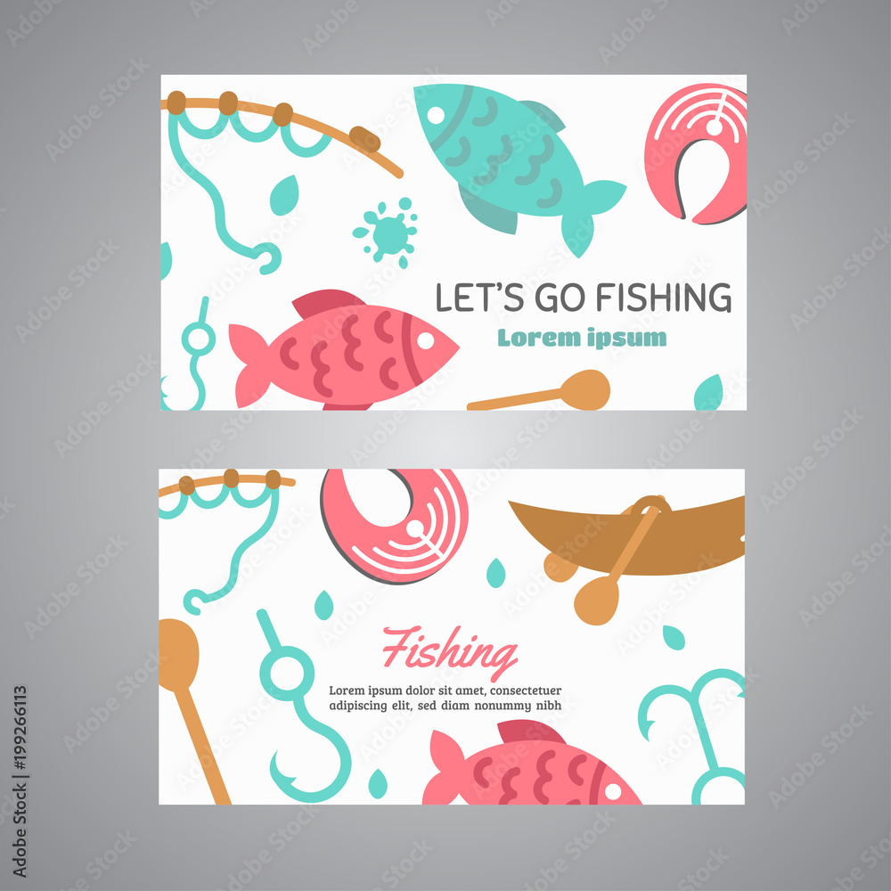 Fishing card. Lake time text. Banners with quotes about fishing. Flat fish icons, with net or rod. Salmon steak and boat, fisher tackles, baits