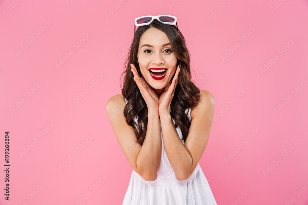 Surprised young asian woman wearing sunglasses Surprised young asian woman wearing sunglasses