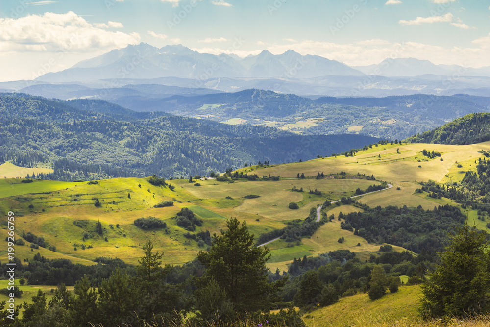Summer mountain landscape in Pieniny, view on Tatra mountains