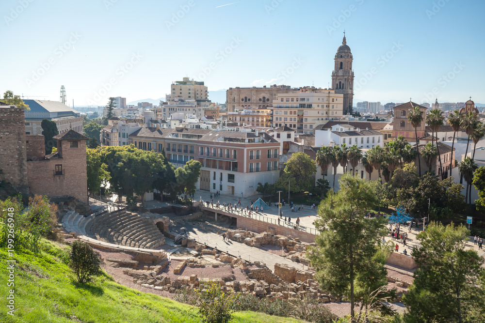 Malaga skyline with top attraction The Roman Theatre and Cathedral