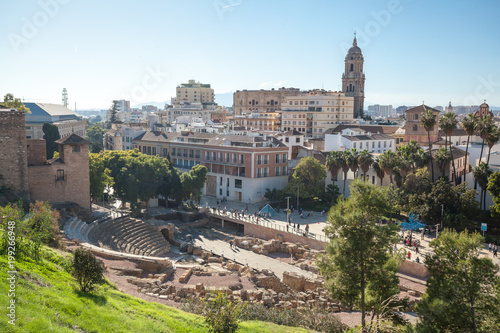 Malaga skyline with top attraction The Roman Theatre and Cathedral