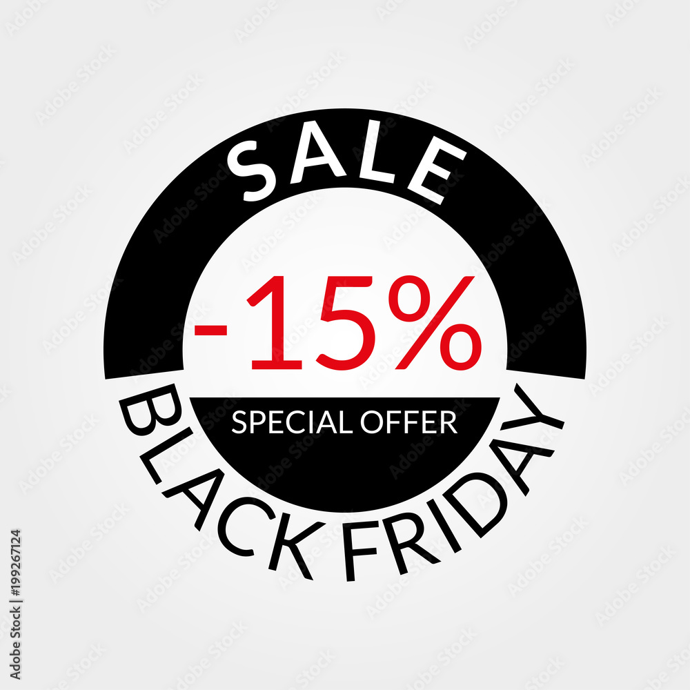 15% sale tag or discount icon. Save 15 percent of price. Black Friday design template.  Vector illustration.