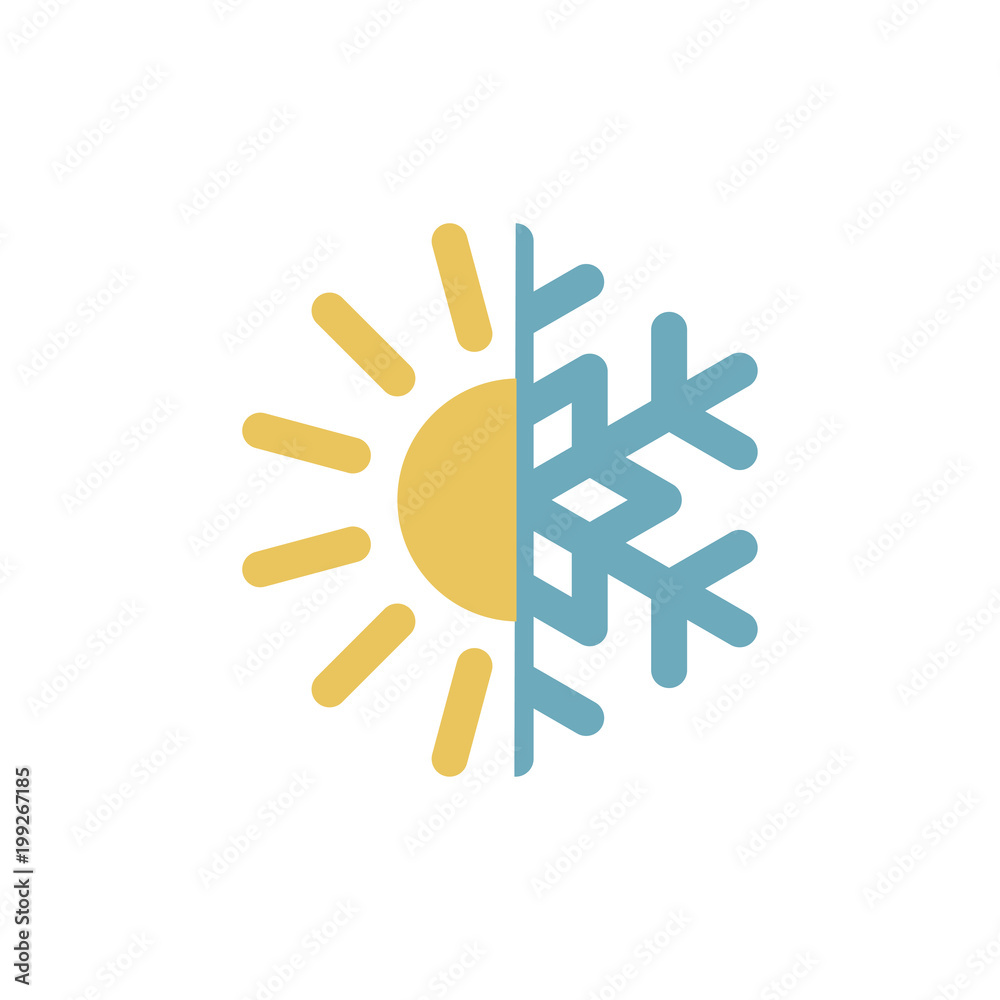 Hot and cold vector illustration. Sun and snowflake icon isolated on white Hot and cold vector illustration. Sun and snowflake icon isolated on white