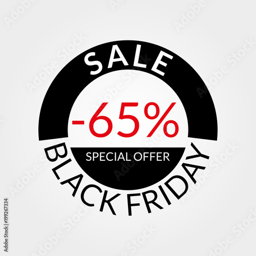 65% sale tag or discount icon. Save 65 percent of price. Black Friday design template. Vector illustration.