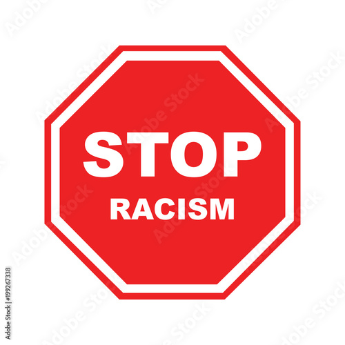 Stop racism icon. Motivational poster against racism and discrimination. Many hands of different races together in a circle. Vector Illustration