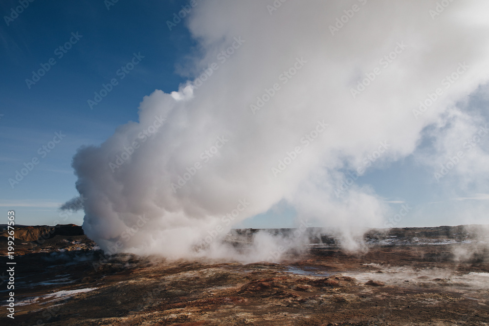 beautiful icelandic landscape with steam from geothermal hot springs, reykjanes, Gunnuhver Hot Springs, iceland