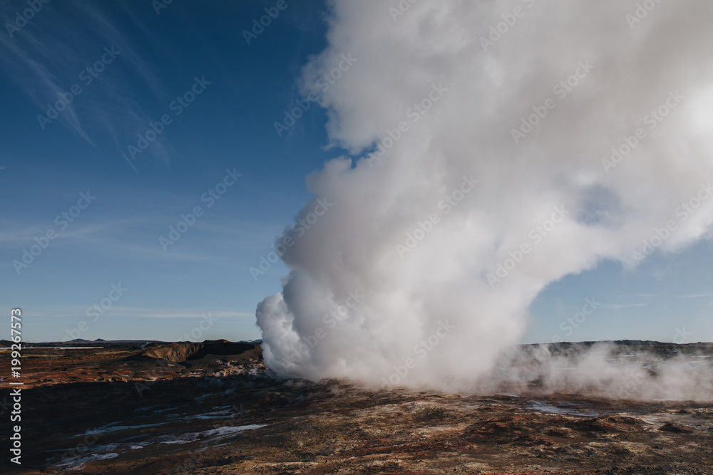 spectacular landscape with steam from geothermal hot springs in iceland, reykjanes, Gunnuhver Hot Springs