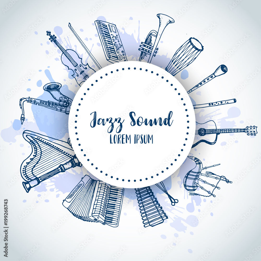 Jazz Background Music Instruments, banner design. Hand drawn drum ...
