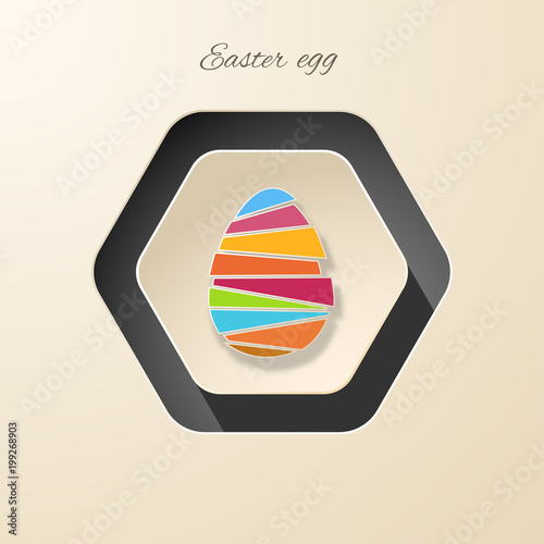 Vector isolated hexagonal gradient beige icon of Easter egg from strips of different colors and shadow on the beige background with text.