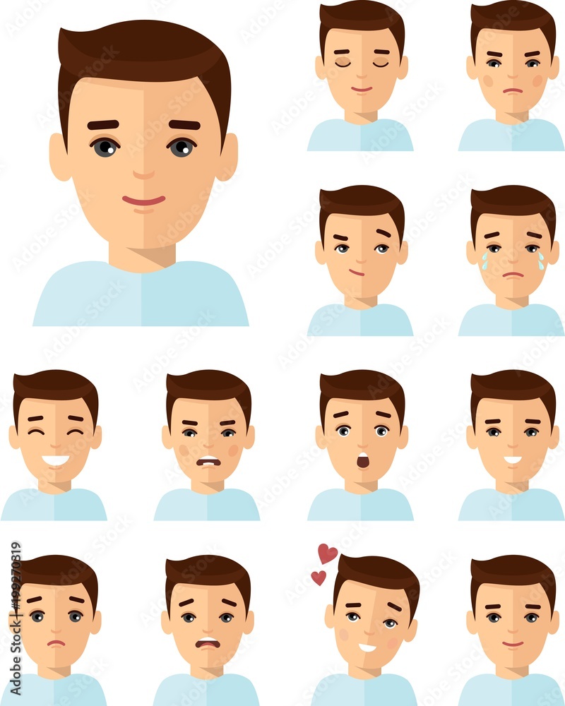 Set of different avatar people in colorful flat style. Collection of various emotion expression avatar man - happy, angry, sad, funny.
Set of different avatar people in colorful flat style. Collection of various emotion expression avatar man - happy, angry, sad, funny.